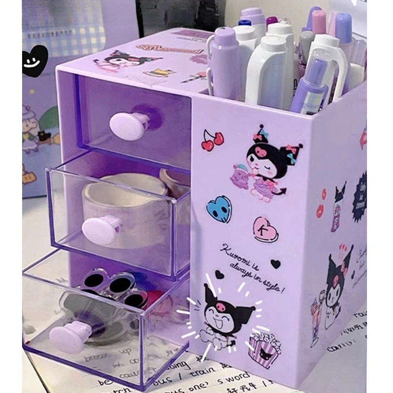 Cute Kawaii Sanrio Drawer Pen Holder Organizer with Grids Large Capacity Student Desktop Office Girls Kuromi Melody Storage Box