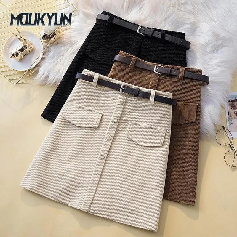 

Women Harajuku Corduroy A-Line Skirt With Belt High Waist Slim Female Commute Office Mini Skirts