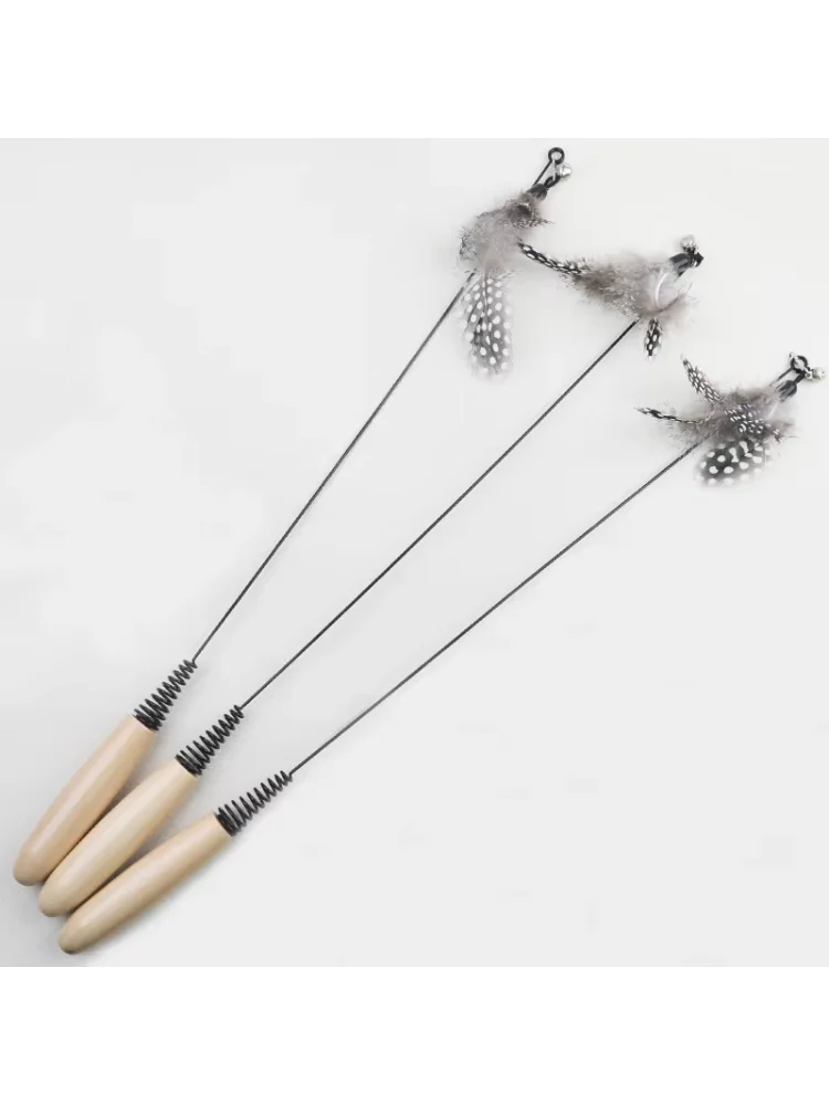 Wooden handle spring teasing cat stick pearl feather replacement head scratch-resistant cat toys to relieve boredom pet supplies