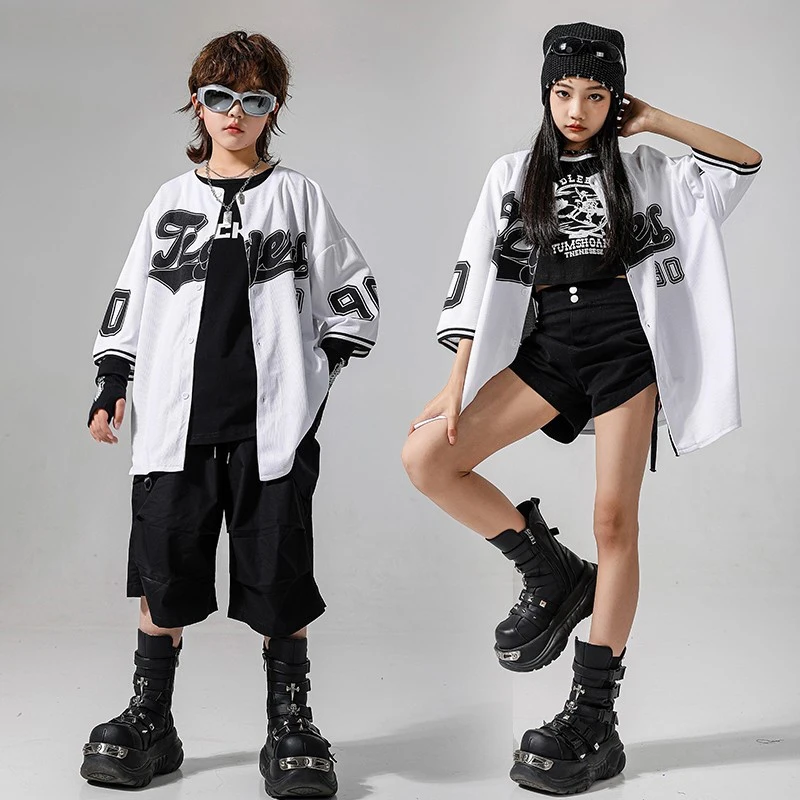 Traje de dança jazz kpop roupas cheerleading camisa de beisebol palco desempenho wear crianças legal hip hop roupas de rua vbh1629
