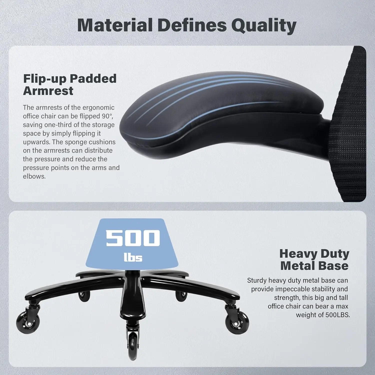 500lbs Heavy Duty Mesh Office Chair - Ergonomic High Back Desk Chair with Flip-up Armrests & Quiet Wheels