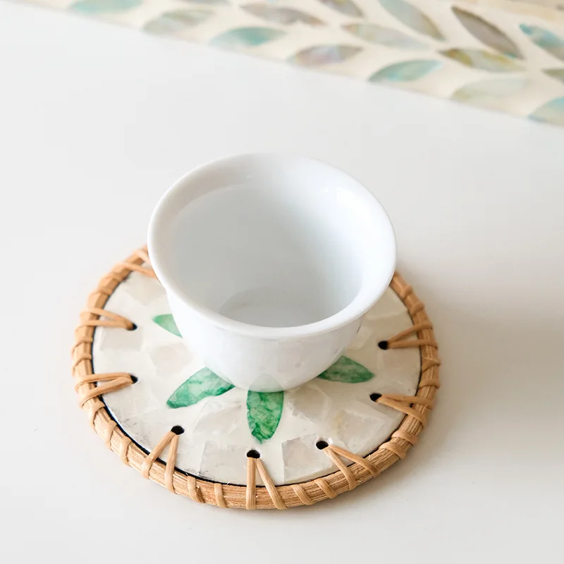 

Hand Woven Coaster Flower Printing Cup Coaster Anti-scalding Placemat Heat-insulating Tableware Mat Housewarming Gifts Coaster