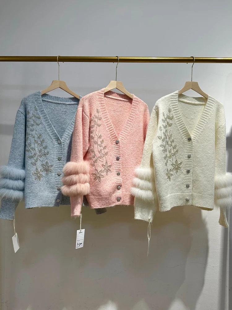 2025年 レディース ニット セーター 本物のキツネの毛皮付き ルーズ 長袖 暖かい Vネック カーディガン ジャケット 女性用 アウター