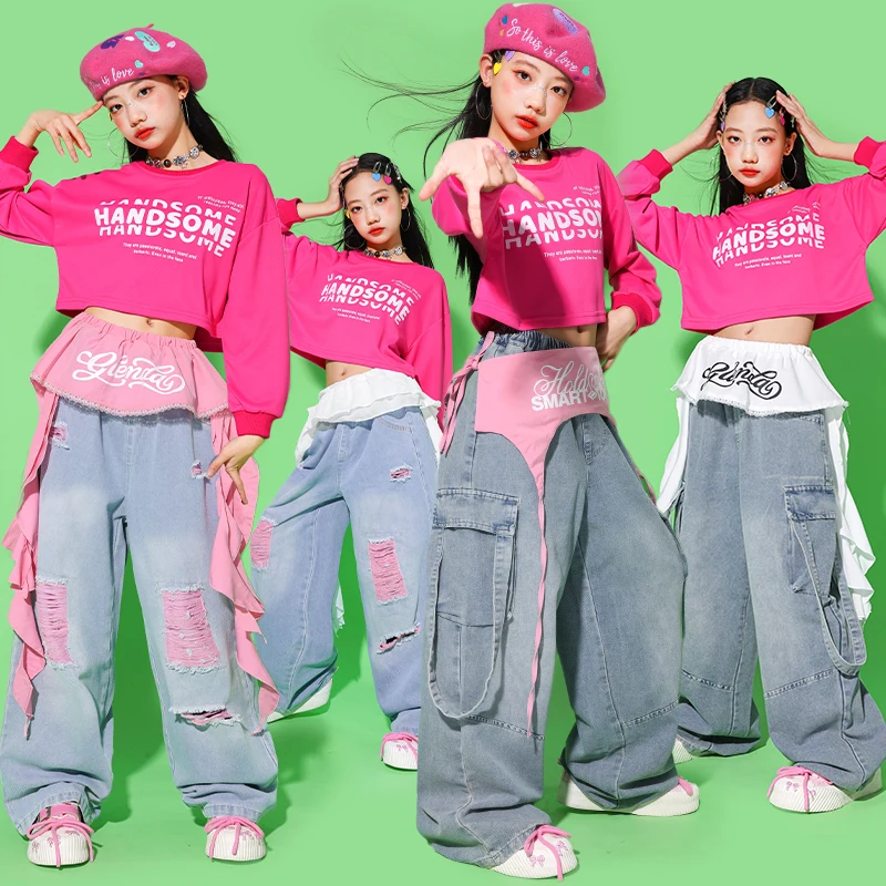 

Детская одежда для танцев в стиле хип-хоп для девочек, милая джазовая одежда, топы с пупком, розовые штаны, костюм для современного танца, сценическая одежда