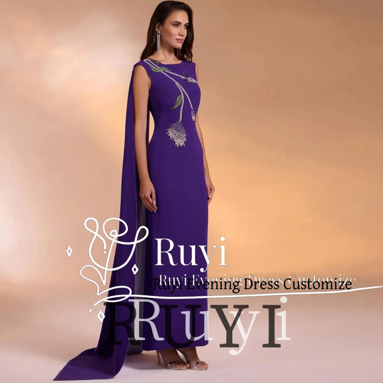 

Customized Sleeveless Purple Evening Dresses with Flower Beadings Luxury 2025 Elegant Party Gown Long Cape Wedding Prom Dress