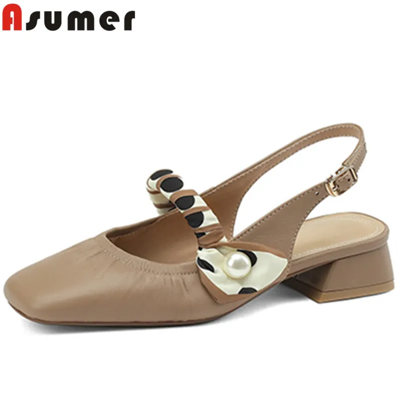 

ASUMER 2022 New String Bead Genuine Leather Slingbacks Women Sandals Solid Square Med Heels Sandals Ladies Dress Shoes