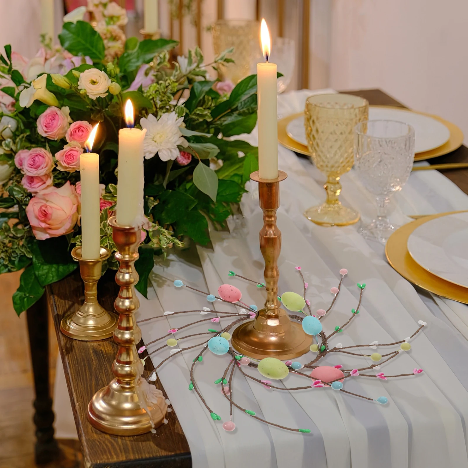 

2Pcs Easter Wreath Artificial Spring Rings Pillars Easter Egg Garland Festive Table Centerpiece Decoration