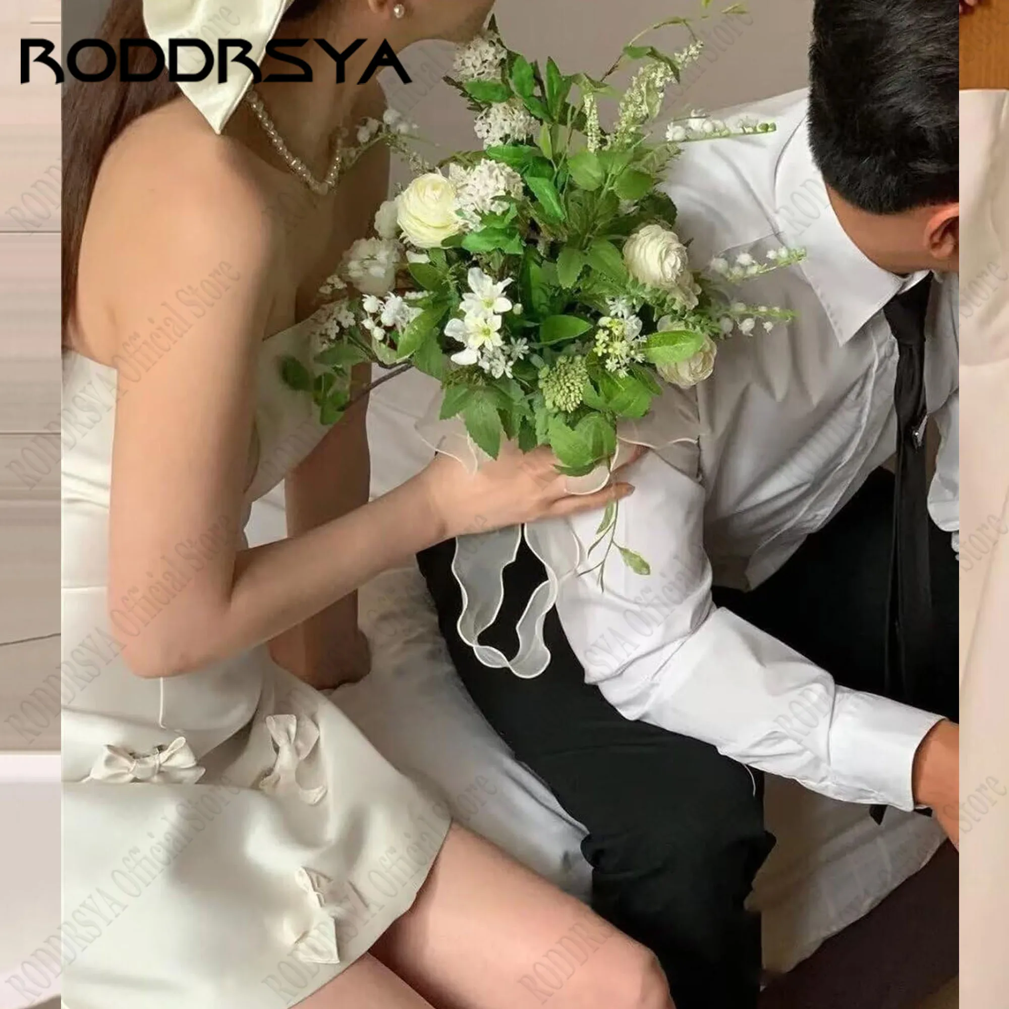 RODDRSYA Satin Mini Wedding Dresses A-Line Strapless Sleeveless Simple Bride Gowns Knee Length Bow 웨딩드레스 Zipper Custom Made