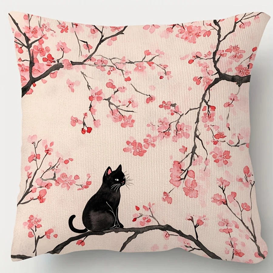 1PC Digital Print Pillow Cover Cushion Cover Cherry Blossom Black Cat Japanese Sakura Kawaii Pink Decorative Throw Pillow Case