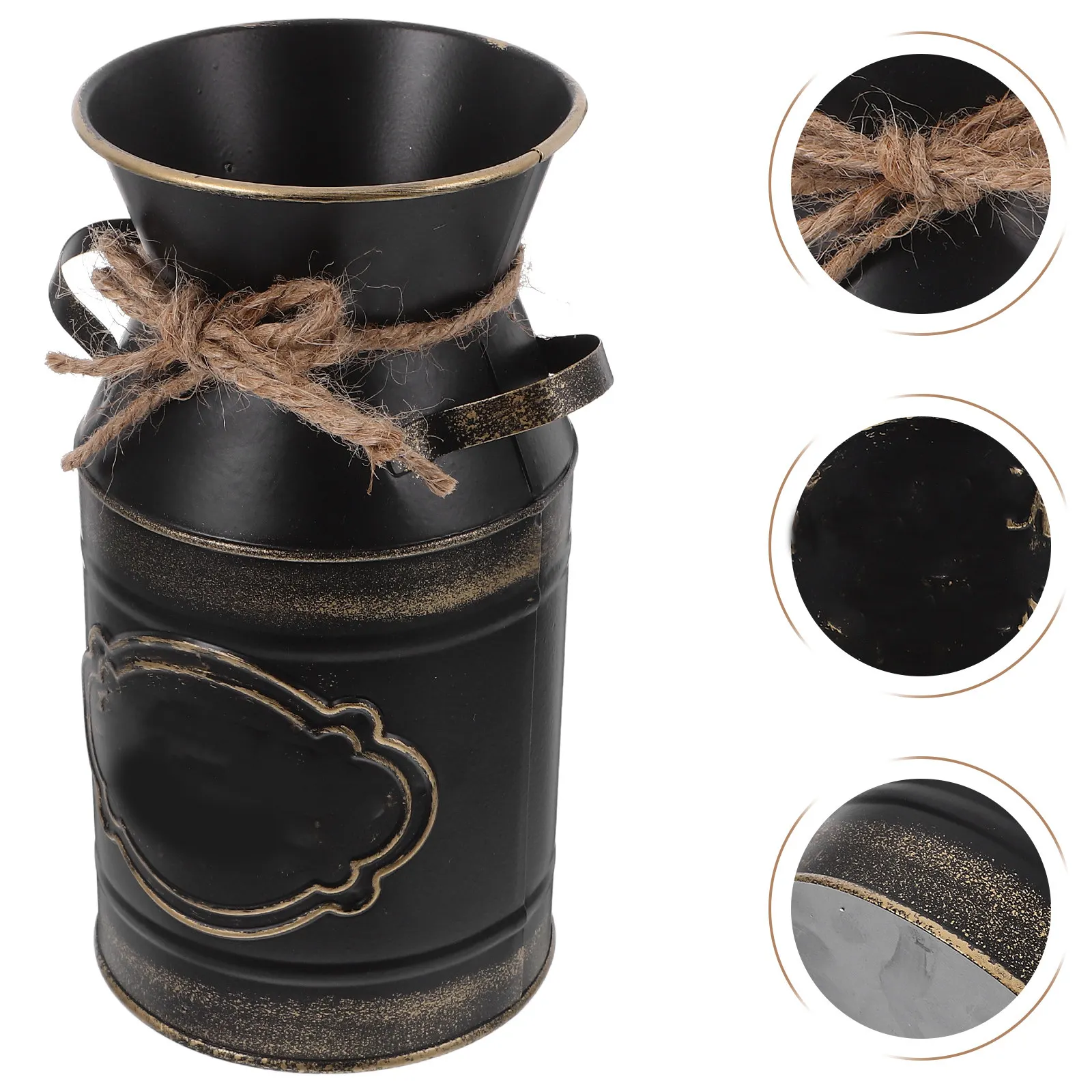 Galvanized Iron Milk Jug Vase Rustic Farmhouse Metal Flower Can with Rope Print for Desktop Home Decor