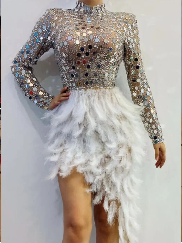 Women Birthday Celebrate Wedding Bar DS Latin Dresses Dance Dress Sparkly Silver Sequins Feather Dress