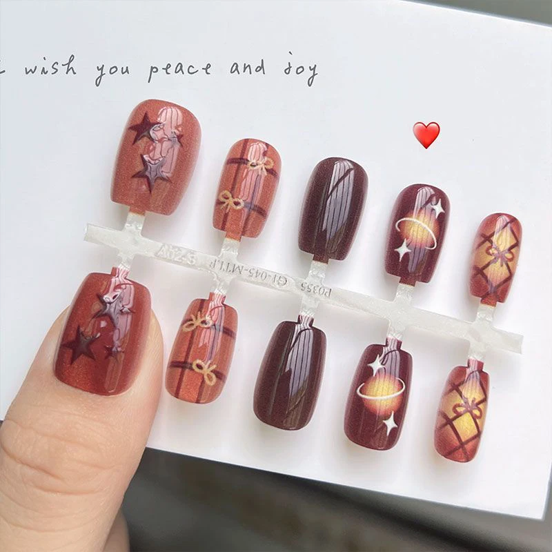 

10 шт., осенний Сатурн, бант, звезда, узор, короткие искусственные женские накладные ногти, каваи, накладные ногти, коричневые, корейские, Y2k, типсы для ногтей