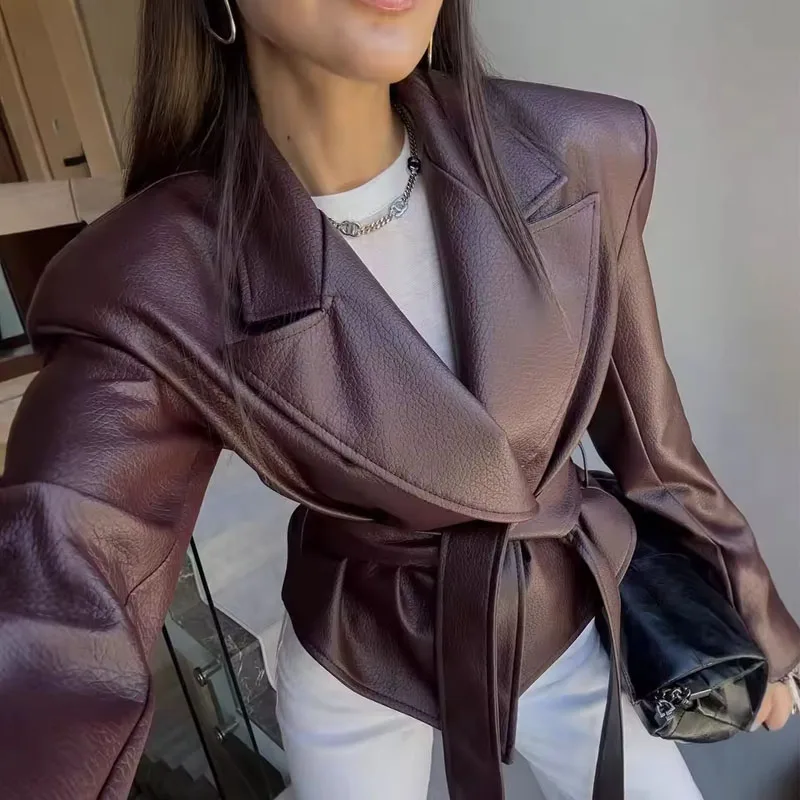 Vintage Lace Up Leather Jacket Solid Lapel Waist Cinching Full Sleeve Short Coat Lady New Fashion Street Autumn Outerwear 2026