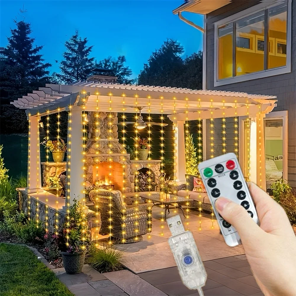 LED Fairy Christmas Home Decoration Garland Lights USB Curtain String Lights 8 Modes with Remote Control for Bedroom Wedding