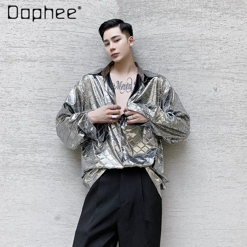 

Весна и осень 202, модная серебряная глянцевая рубашка с длинным рукавом для мужчин, свободная посадка, стильная рубашка для выступлений в стиле парикмахера, сценическая рубашка