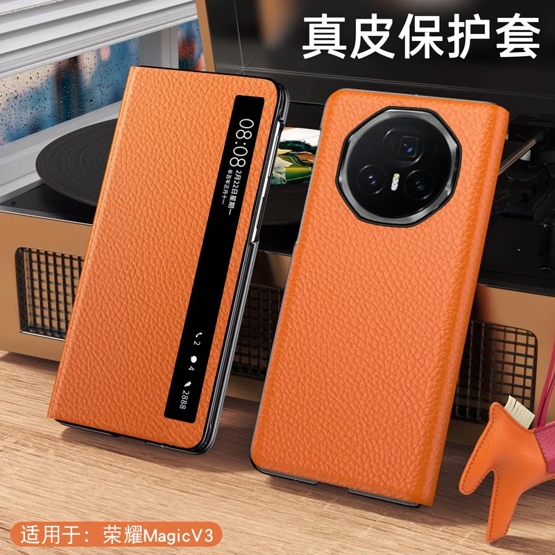 Wobiloo Luxury Genuine Leather Smart Window Protective Case For Honor Magic V6 V3 V5 Collection Version Clamshell Folding Cover