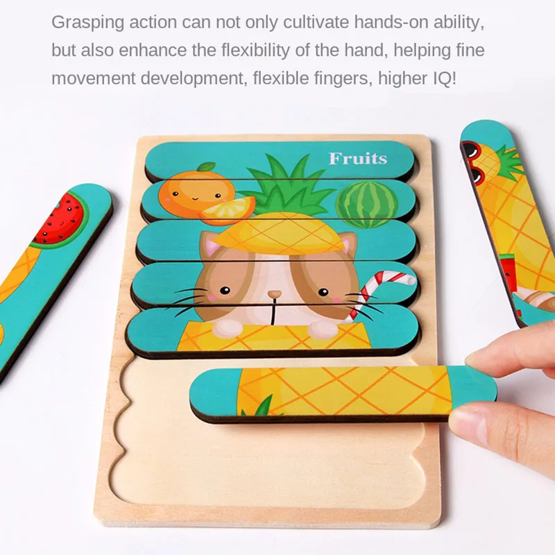 Cartoon Animal Double-sided Strip Wooden Puzzles Kids Montessori Jigsaw Game Baby Educational Toys for Children