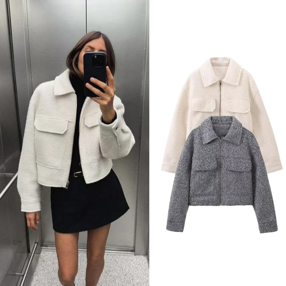 

Женские модные бежевые куртки на молнии, пальто с карманами, женские винтажные отложные воротники с длинными рукавами, женская шикарная верхняя одежда, уличная одежда