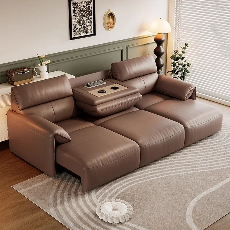 Electric telescopic function zero against the wall living room three people first layer leather adjustable sleeping sofa