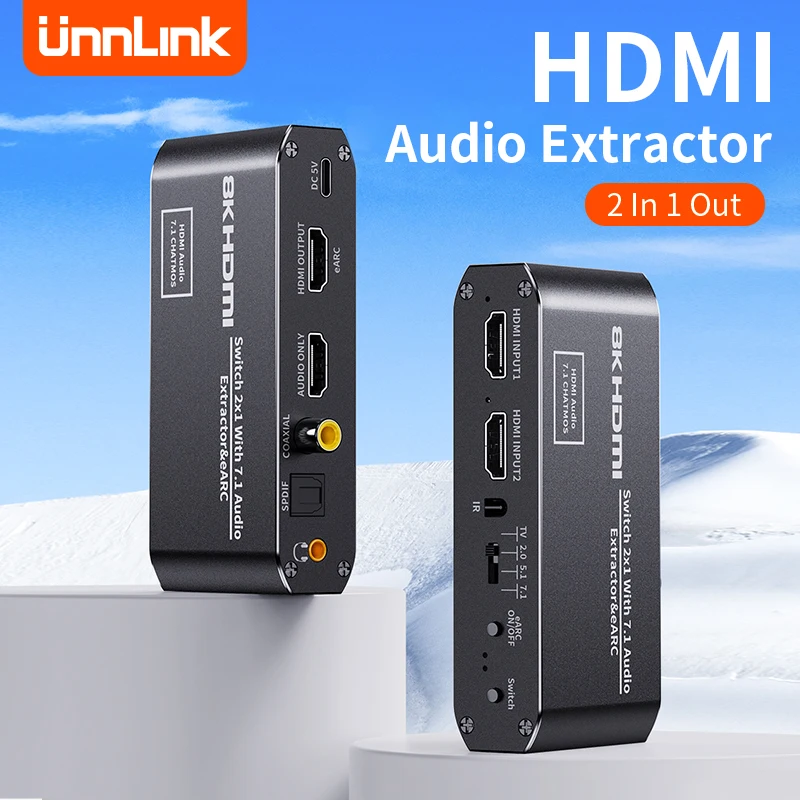 Unnlink HDMI Audio Extractor Switch 4K 60Hz arc 2 In 1 Out with SPDIF Optical Coaxial Aux HDMI ARC Audio Splitter Remote Control