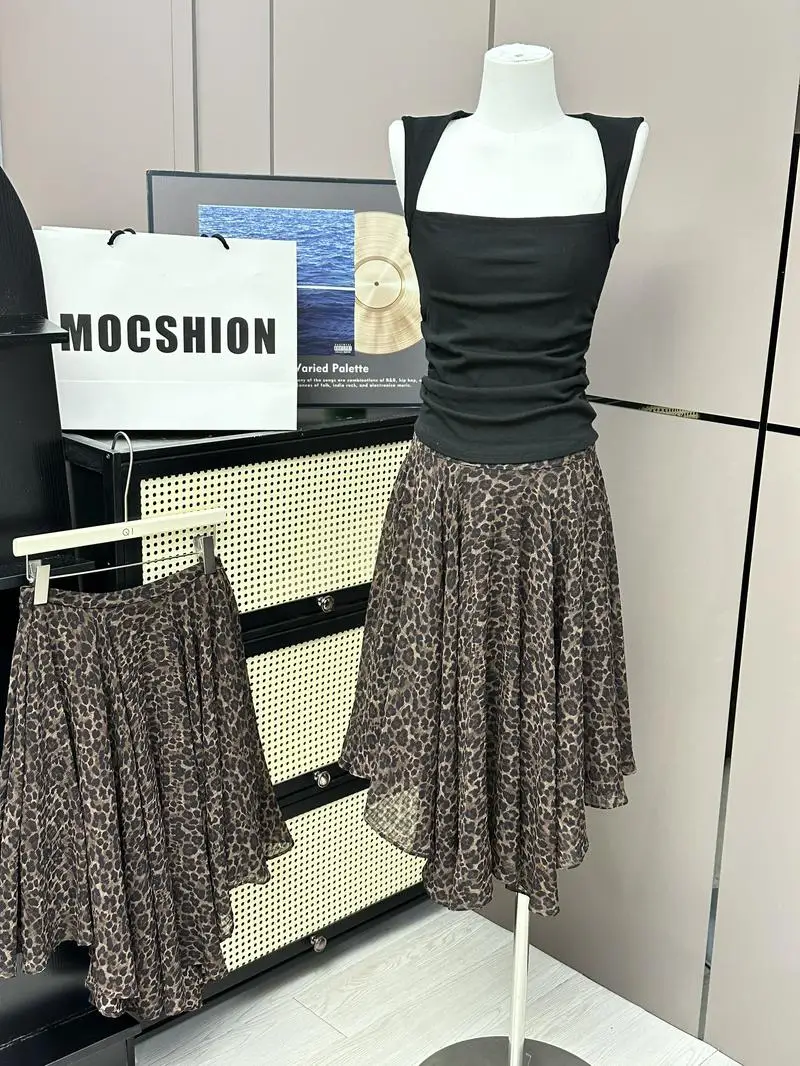 Irregular Leopard Print Half Skirt Women's Summer Vintage 3D Grid A-Line Tulle Midi Skirt Asymmetrical High Waist Standard Fit