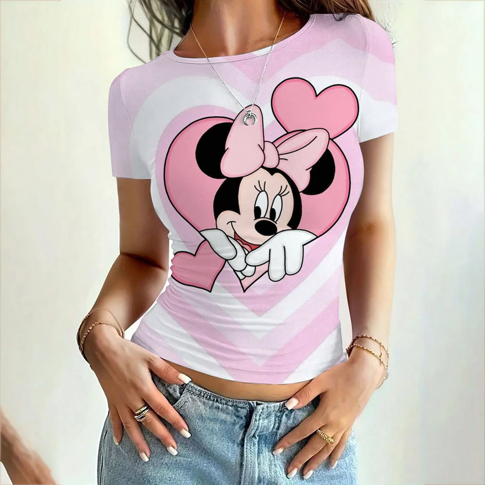 Women's clothing short sleeved T-shirt slim fit top Disney Mickey Mouse print women's round neck tight fitting T-shirt street we