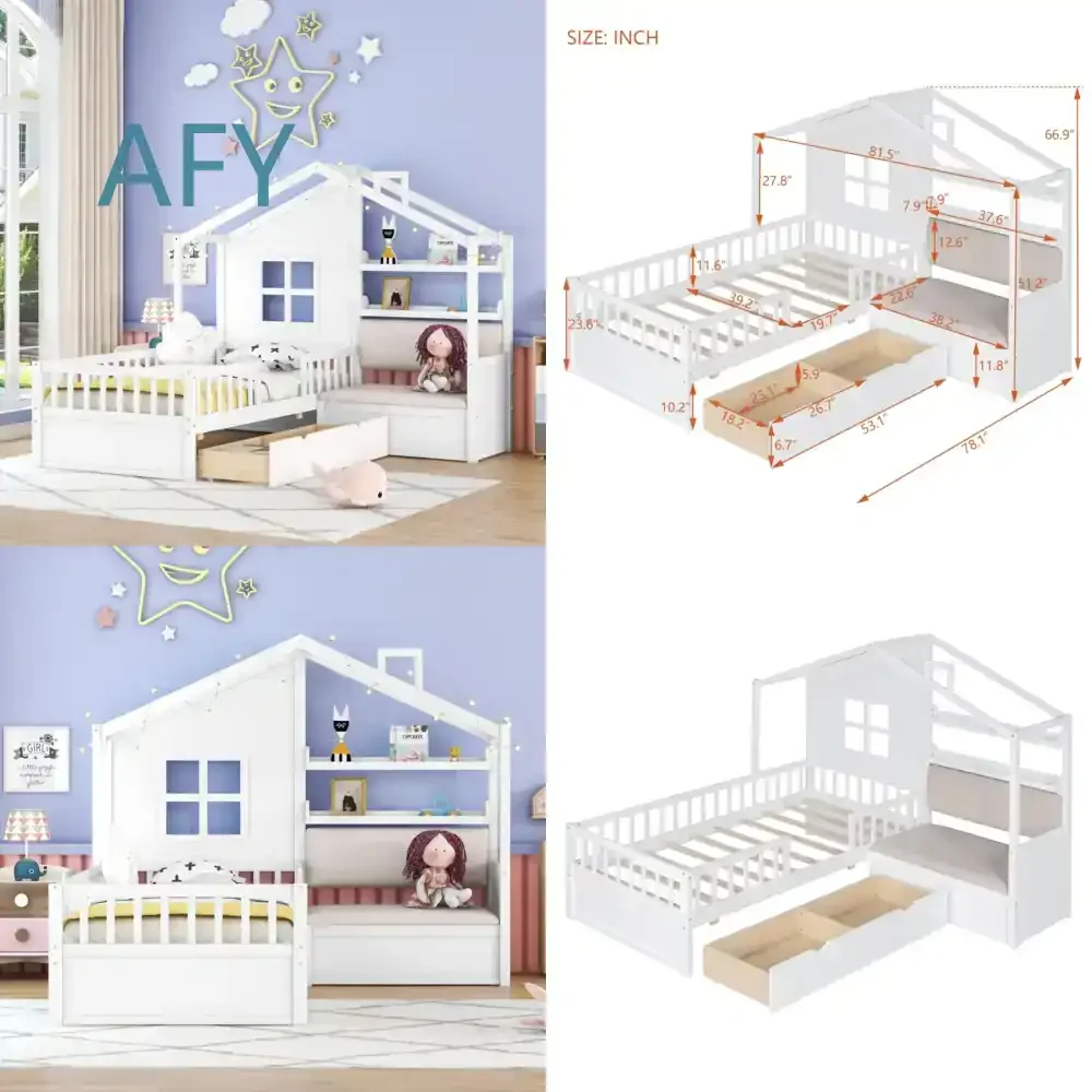 Canada Kids Twin House Bed Frame with Drawers for Montessori Bedroom Storage Bed for Toddlers and Children with Tall Safety