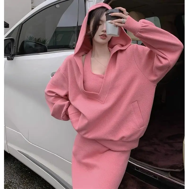 

Women Dress Set Two Piece Sets Halter Sleeveless Long Dresses Korean Solid Casual Slim Fit Hooded V Neck Full Sleeve Tops Coats