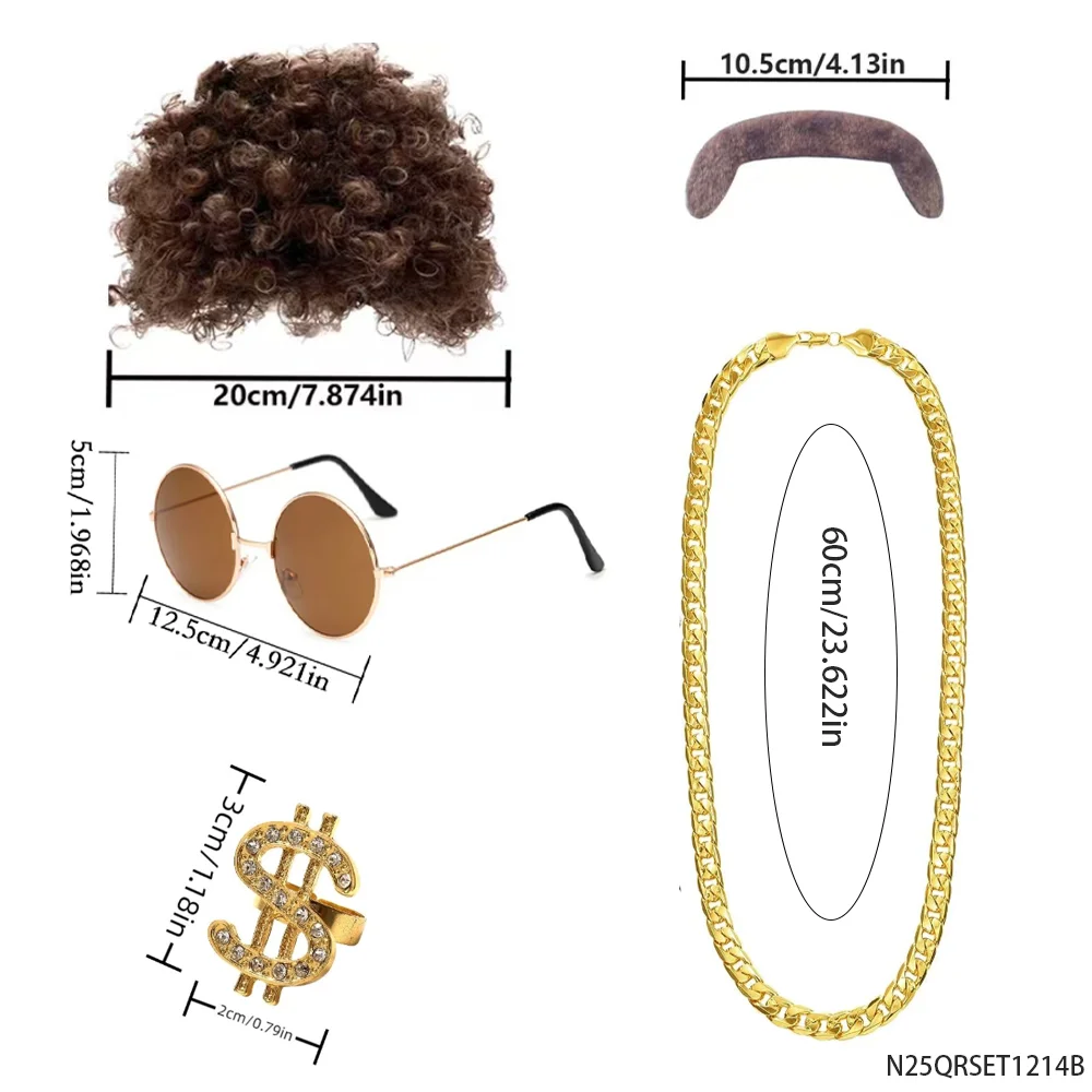 Zestaw kostiumowy w stylu retro hip hop z lat 90. - kręcona peruka, okulary przeciwsłoneczne, złoty łańcuszek, spinki do mankietów w kształcie dolarów, akcesoria imprezowe
