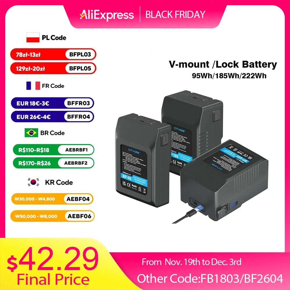 

V Mount V-Lock BP-222 BP-185 BP-95 Battery BP Battery With PD20W Cable for Sony Camcorder Broadcast Video Light Blackmagic URSA