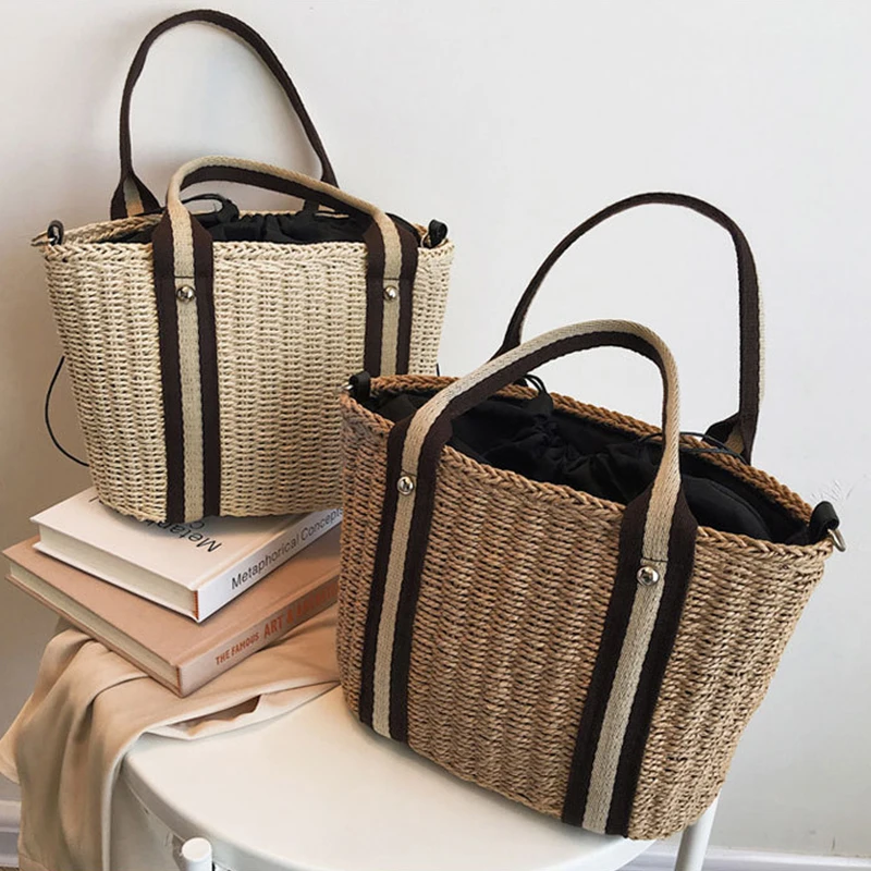 Summer Handmade Woven Bags For Women， Straw Beach Bag Rattan Kintted Handbags Totes Bohemia Ladies Basket Crossbody Shoulder Bag