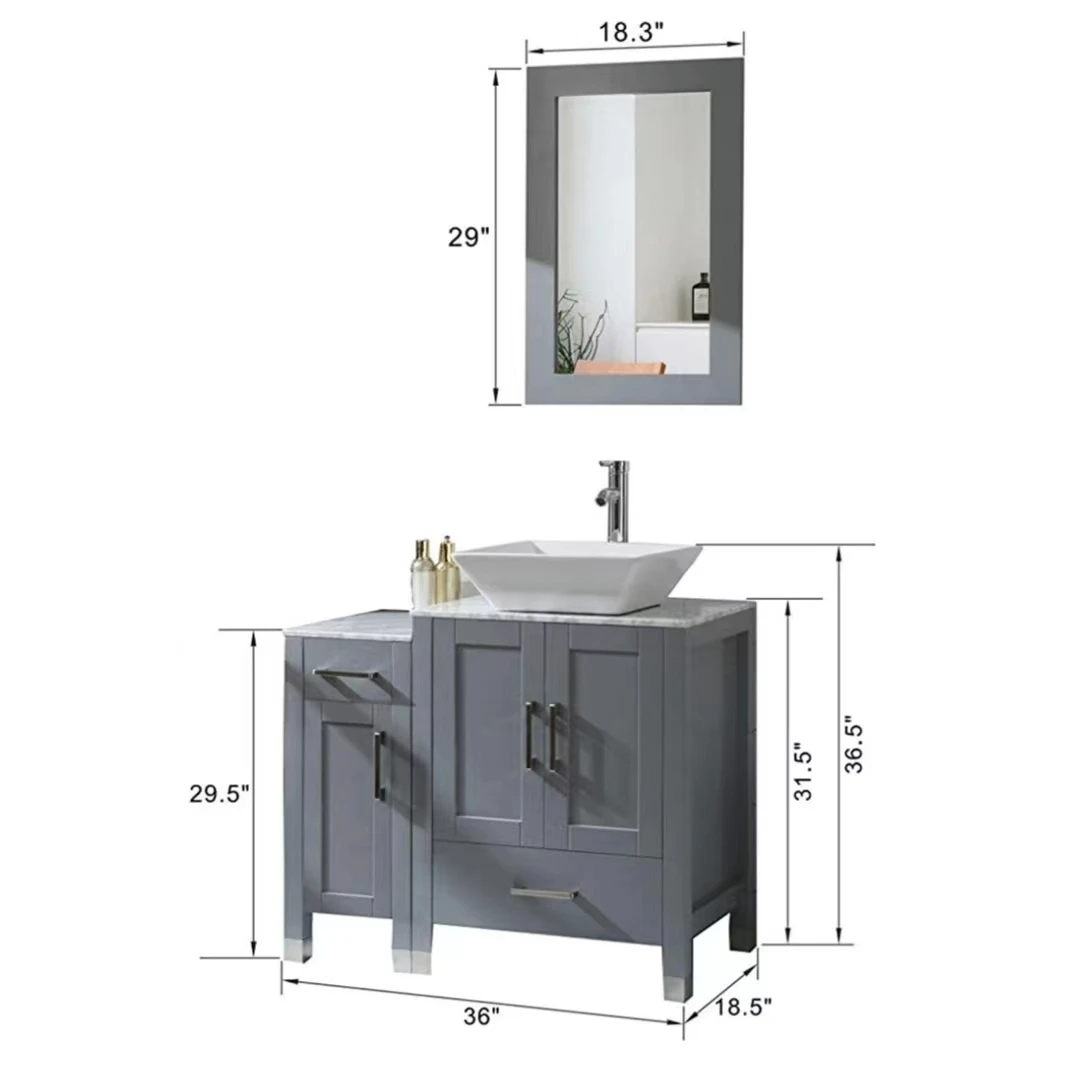 

36" Bathroom Vanity Cabinet And Sink Combo Solid Wood Marble Top W/Mirror Faucet&Drain,Grey