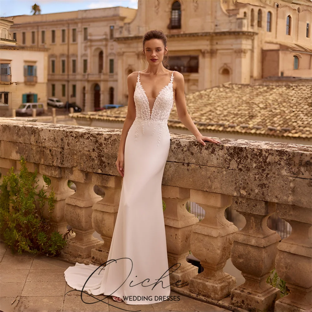 

QICHE Classic Lace Appliqued Mermaid Wedding Dresses V-Neck Spaghetti Straps Sleeves Bridal Gown Vestidos De Noiva Customized