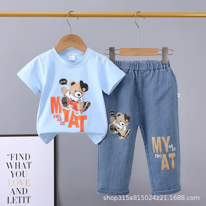 2025 New Children\'s Set boys Summer Cartoon Printed Short Sleeve+Cowboy Pants Infant Fashion Set 0-4 Years Old