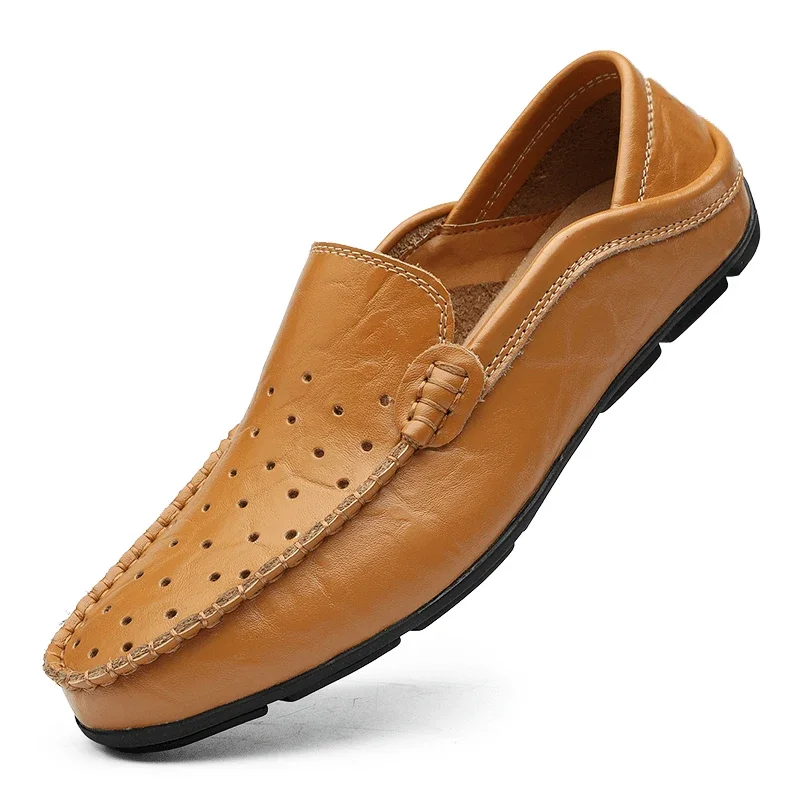 Zapatos informales transpirables para hombre, mocasines de cuero genuino de marca de lujo, ahuecados, sin cordones, para conducir, Verano