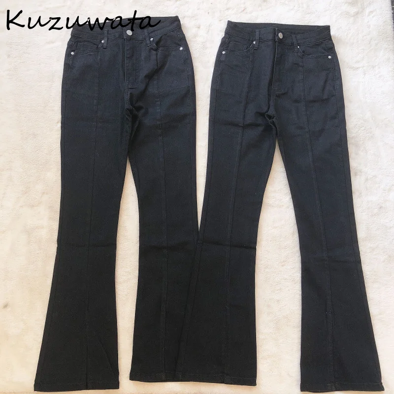 

Kuzuwata 2024 Autumn New Design Fashion Women Pants Temperament Office Lady Trousers Button Light Slim Slits Micro Flare Jeans