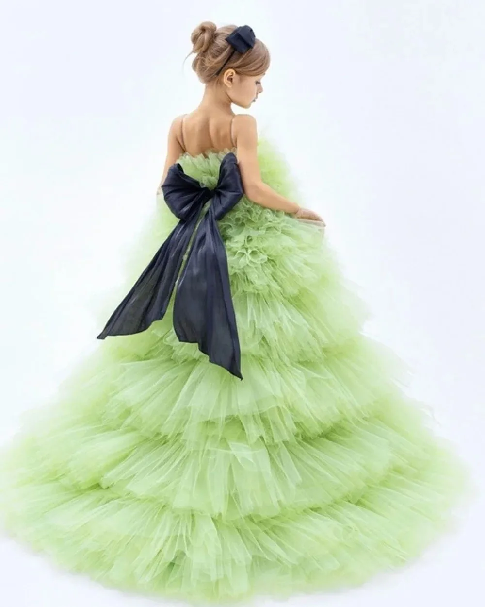 Custom Green Flower Girl Dress, Sleeveless with Bow and Layered Design, Girls' Communion Dress and Birthday Party Dress