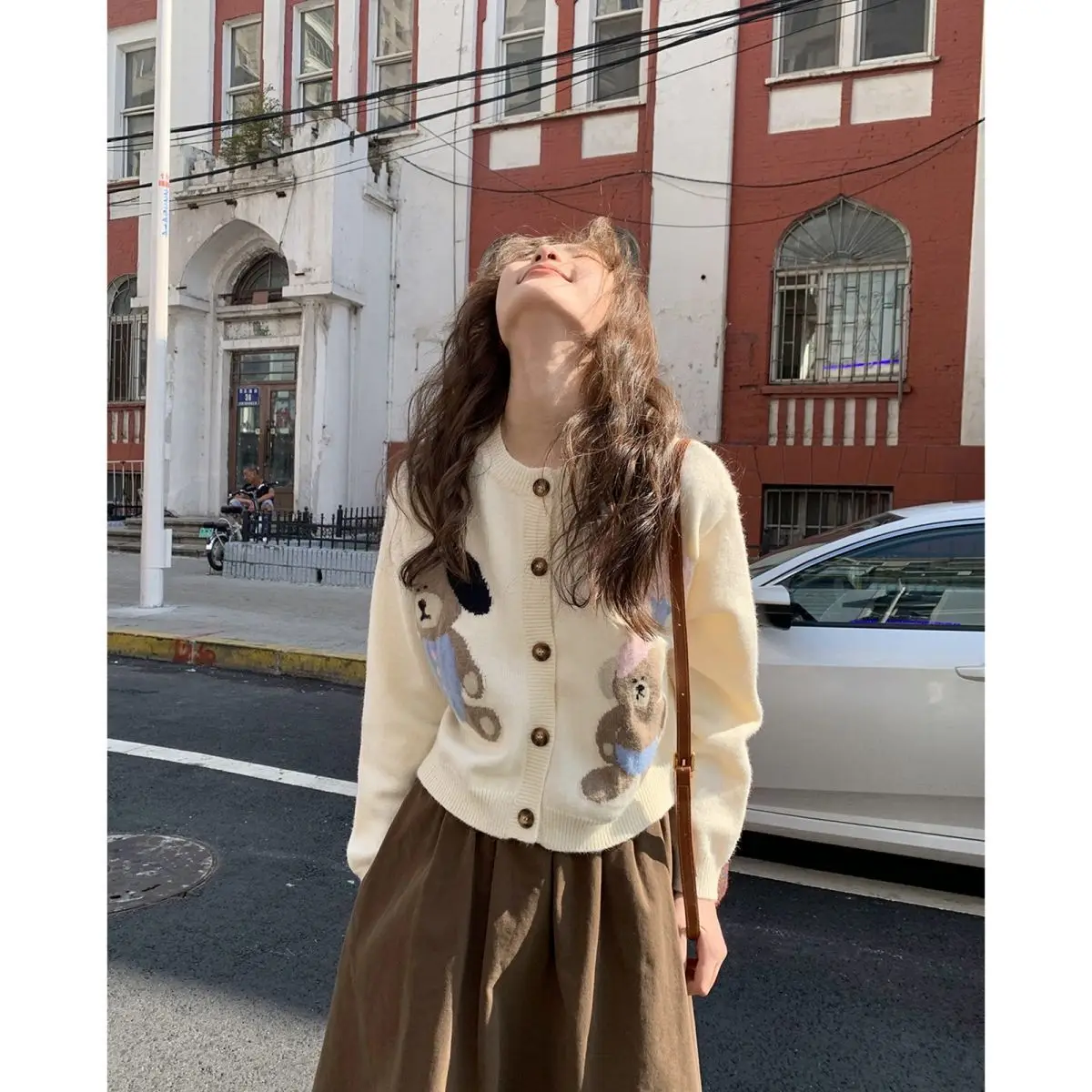 Gaganight Women Sweet Little Bear O neck Jacquard Sweater Knitted Cardigan 2024 Women's Autumn Winter New Loose Versatile Top image 2