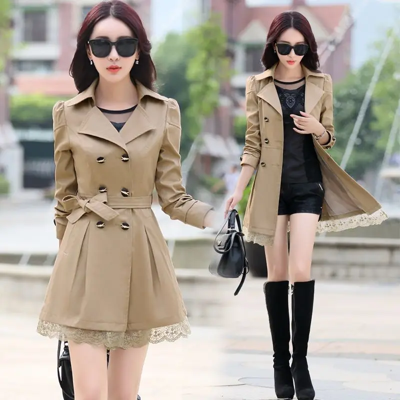 Women's Leisure Coats new slim Girdle bow lace double-breasted long-sleeved jacket style section Turn-down Collar outwear plus