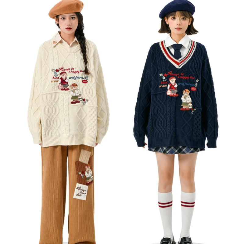 Harajuku Lolita maglione lavorato a maglia JK donne giapponesi stile preppy orso cartone animato ricamo pullover autunno inverno maglieria Y2k top