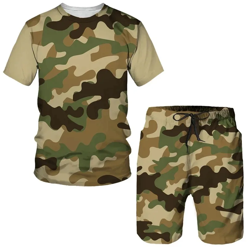 2025 3D Camouflage Printed Casual Round Neck Sports Suit Summer Men's Short Sleeved Shorts Clothing Street T-shirt Two-piece Set