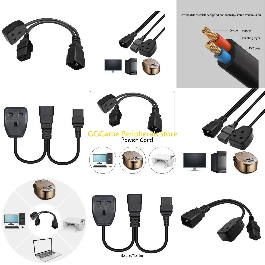 

U55B 32cm Length IEC320 C20 to IEC320 C19+UK Power Cable Y Splitter Cord PVC Computer Adapter Wire Line
