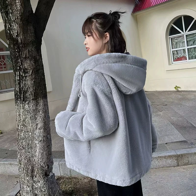 2026 New Women's Faux Rabbit Fur Coat medium long lamb wool Jacket Winter Warm Hooded Top Oversized Fleece Chic Casual Outerwear