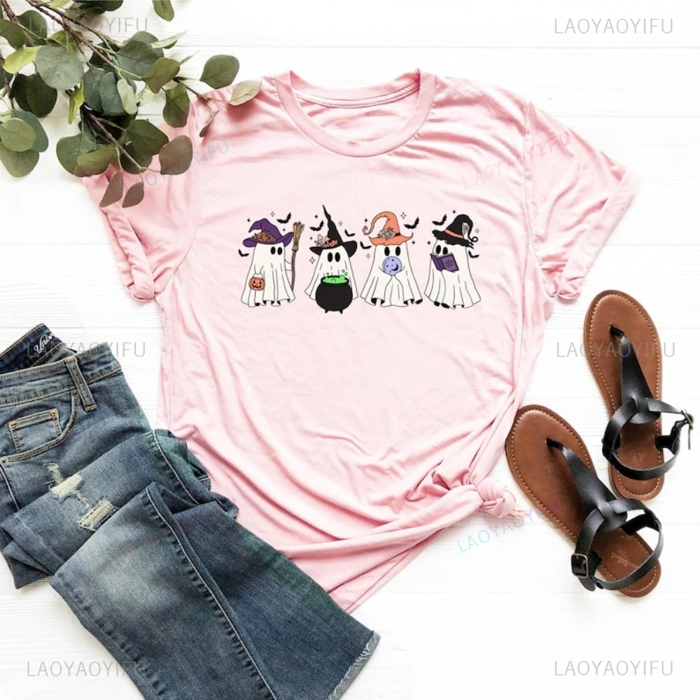 Spooky Season Cute Boo Ghost Cartoon Graphic Printed Women T-Shirt Hallowmas Casual Fashion Loose Harajuku Hip Hop Man Tshirt