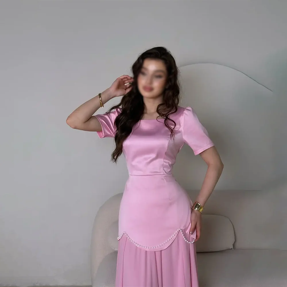 فساتين سهرة أنيقة باللون الوردي فساتين حفلات رسمية بياقة مربعة بطول الأرض على شكل حرف a لؤلؤ فساتين سهرة للحفلات الراقصة حسب الطلب