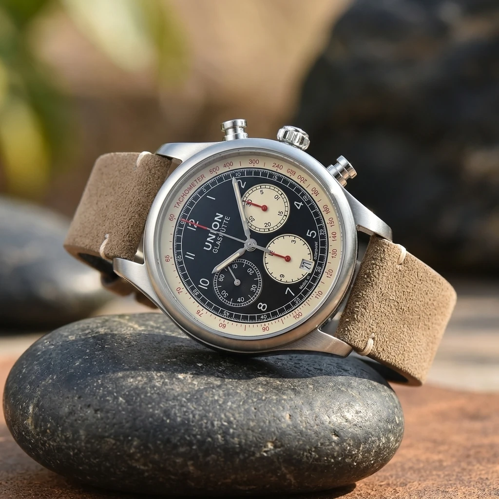 Union Glashutte SA Sport Business Automatic Mechanical Chronograph Timepiece, Tachymeter Date Function Leather Strap Watch