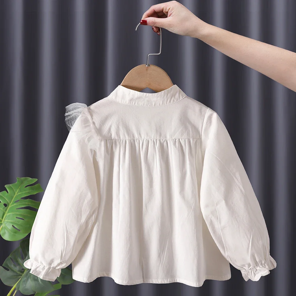 Blouses Girls Long Sleeved Shirt Autumn Girl Baby Princess Cotton New Childrens Clothing Round Collar Button Single Row