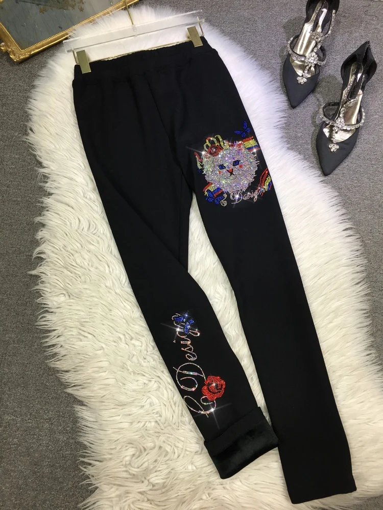 Thicken Fleece Women Bottoming Pants Cute Cat Hot Drilling Stretch Skinny Leggings Ankle-length High Waist Autumn Winter Legging