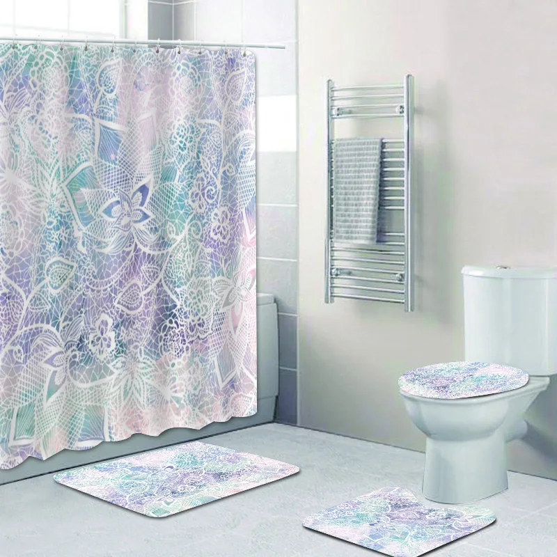 Trendy Pastel Purple Lavender Turquoise Watercolor Floral Lace Shower Curtain Set for Bathroom Flower Mat Rug Toilet Accessories