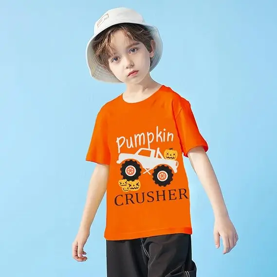 Little Hand Toddler Boys Halloween Construction Truck T-shirt Kids Pumpkin Excavator Glow in The Dark Short Sleeve Cotton Top